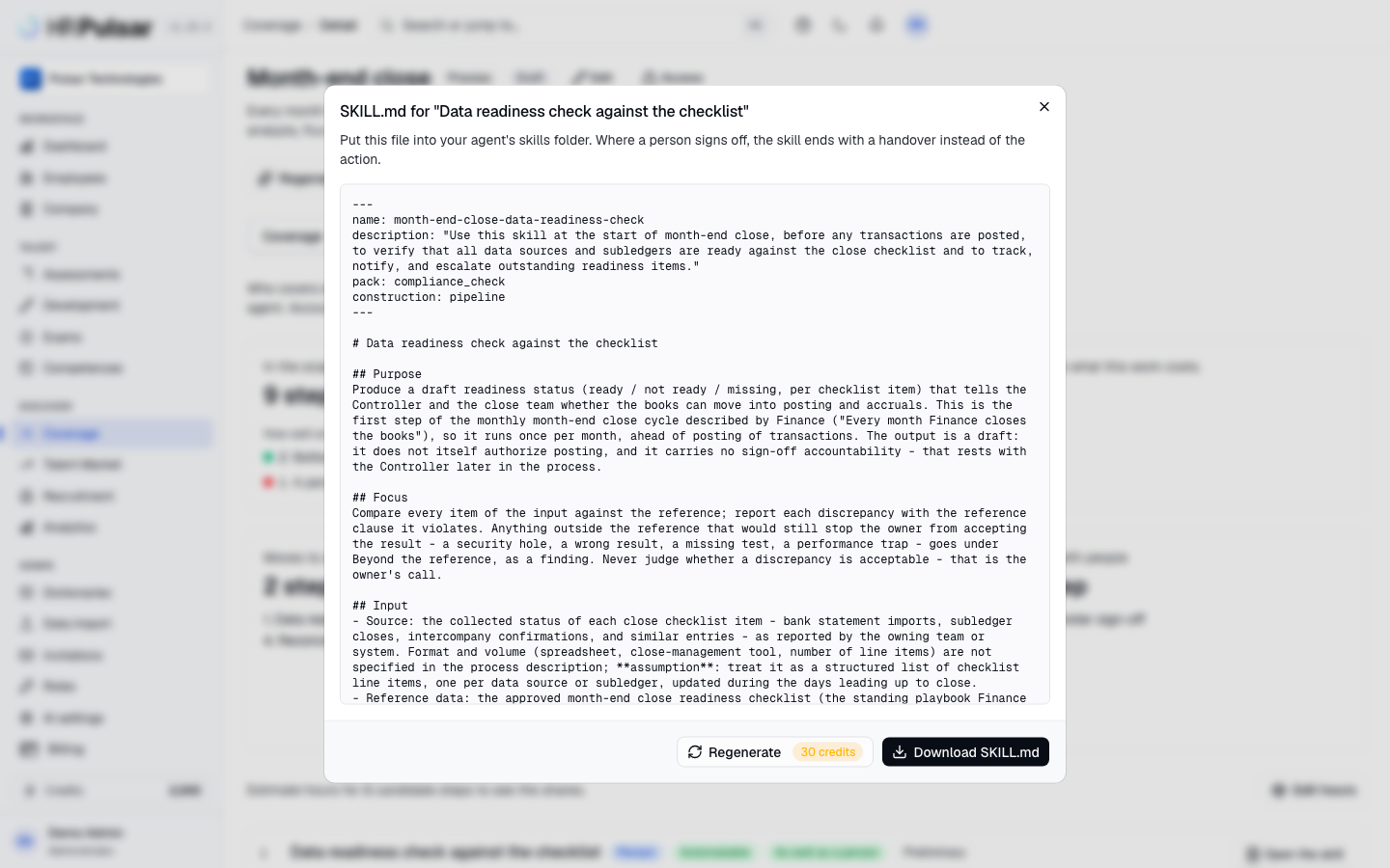 A generated skill file for one step of a process, previewed in HRPulsar before download
