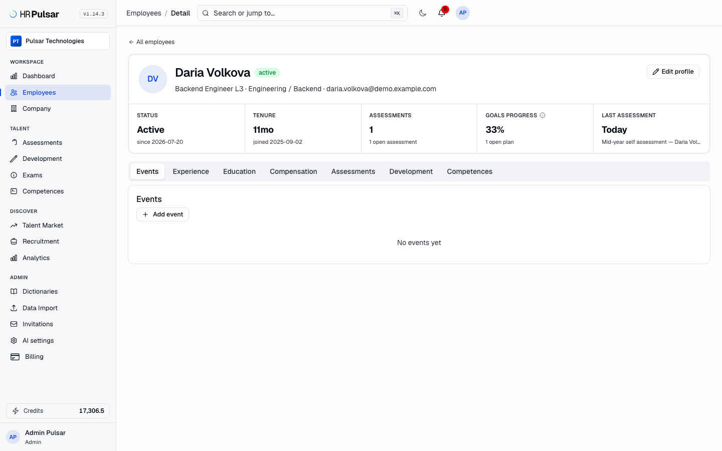 Employee record in HRPulsar: assessment history, goal progress and competences in one place