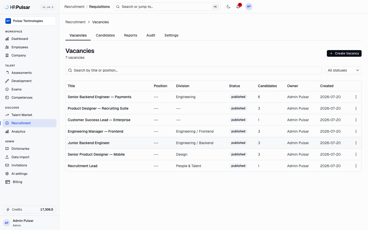Recruiting pipeline in HRPulsar